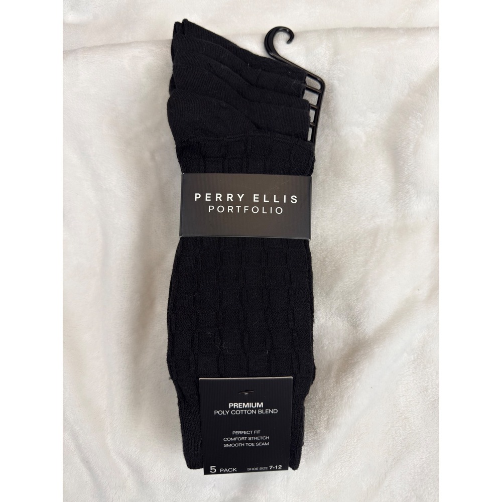 Perry Ellis Portfolio Mens Dress Socks 5 Pack Black Ribbed Textured Sz 7-12 New